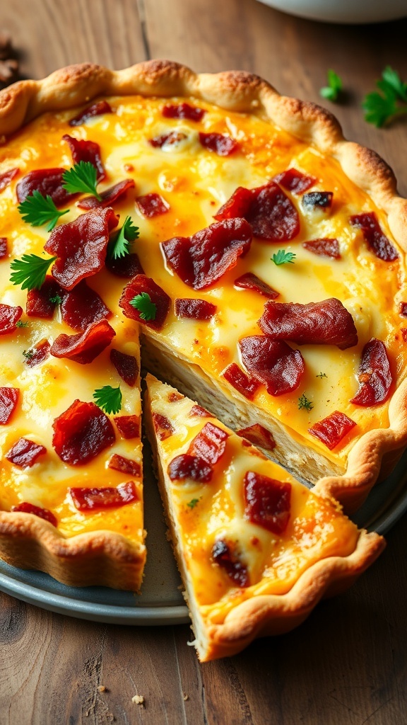 A slice of Quiche Lorraine on a plate, showcasing the creamy filling with bacon and cheese, garnished with parsley.